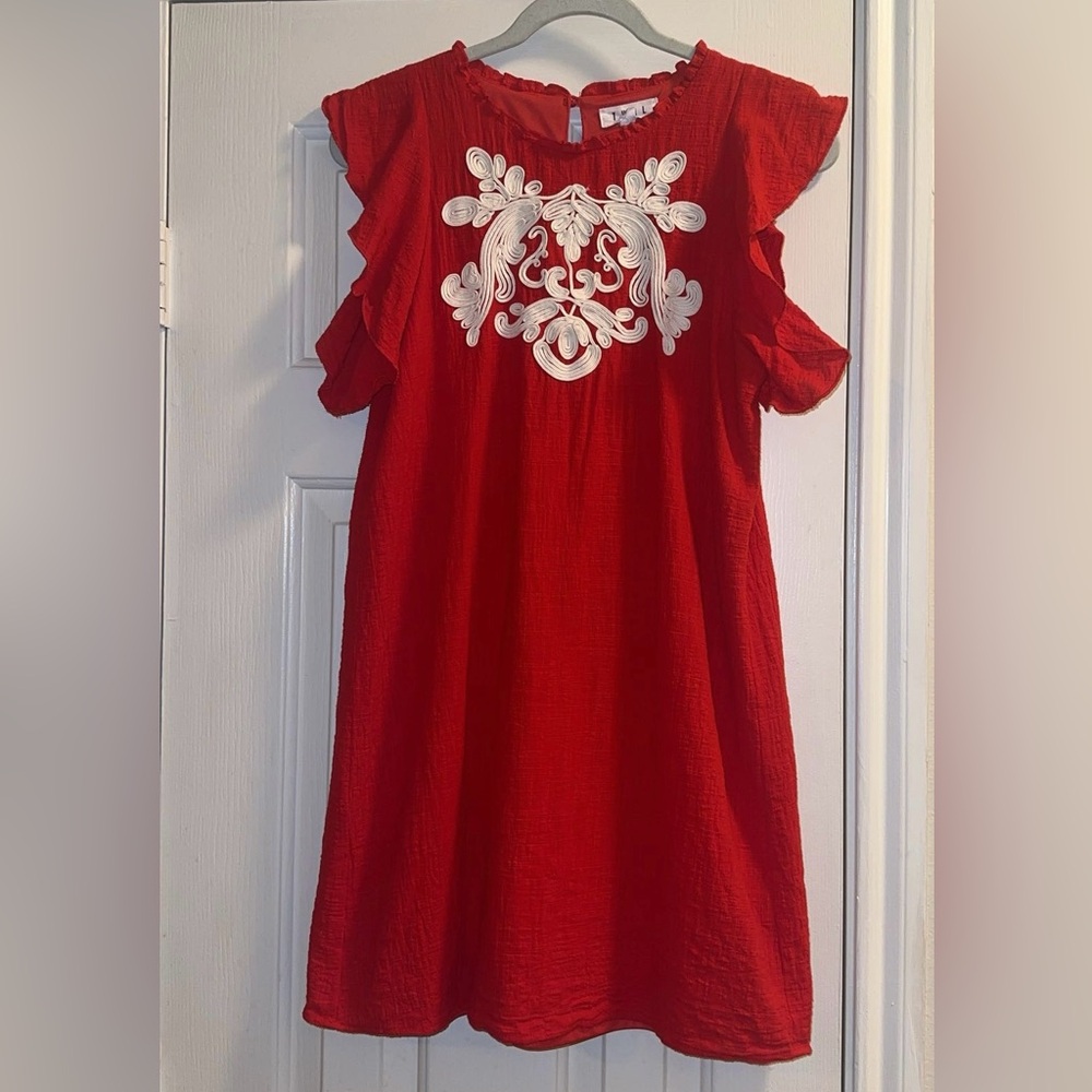 THML Red Mini Dress with White Embroidered Yoke